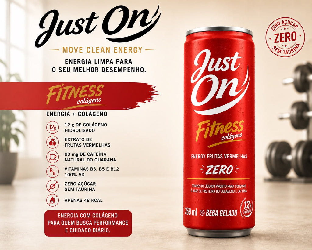 Energy Just On Fitness Colagino Zero açucar, para quem busca performance e cuidado diário.