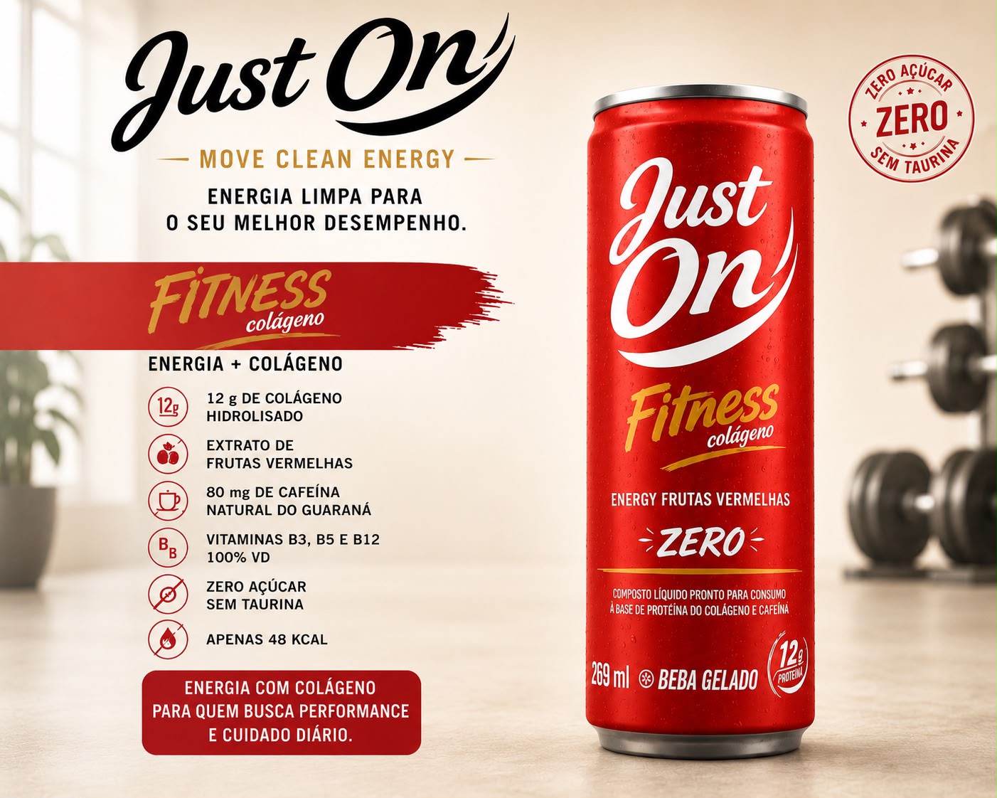 Energy Just On Fitness Colagino Zero açucar, para quem busca performance e cuidado diário.